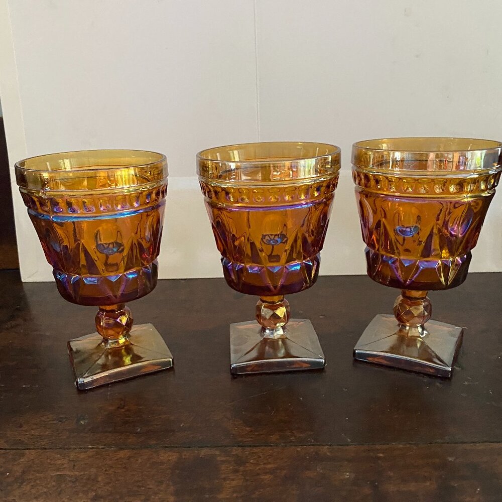 Carnival Glass pedestal wine glasses vintage goblets set of 3
